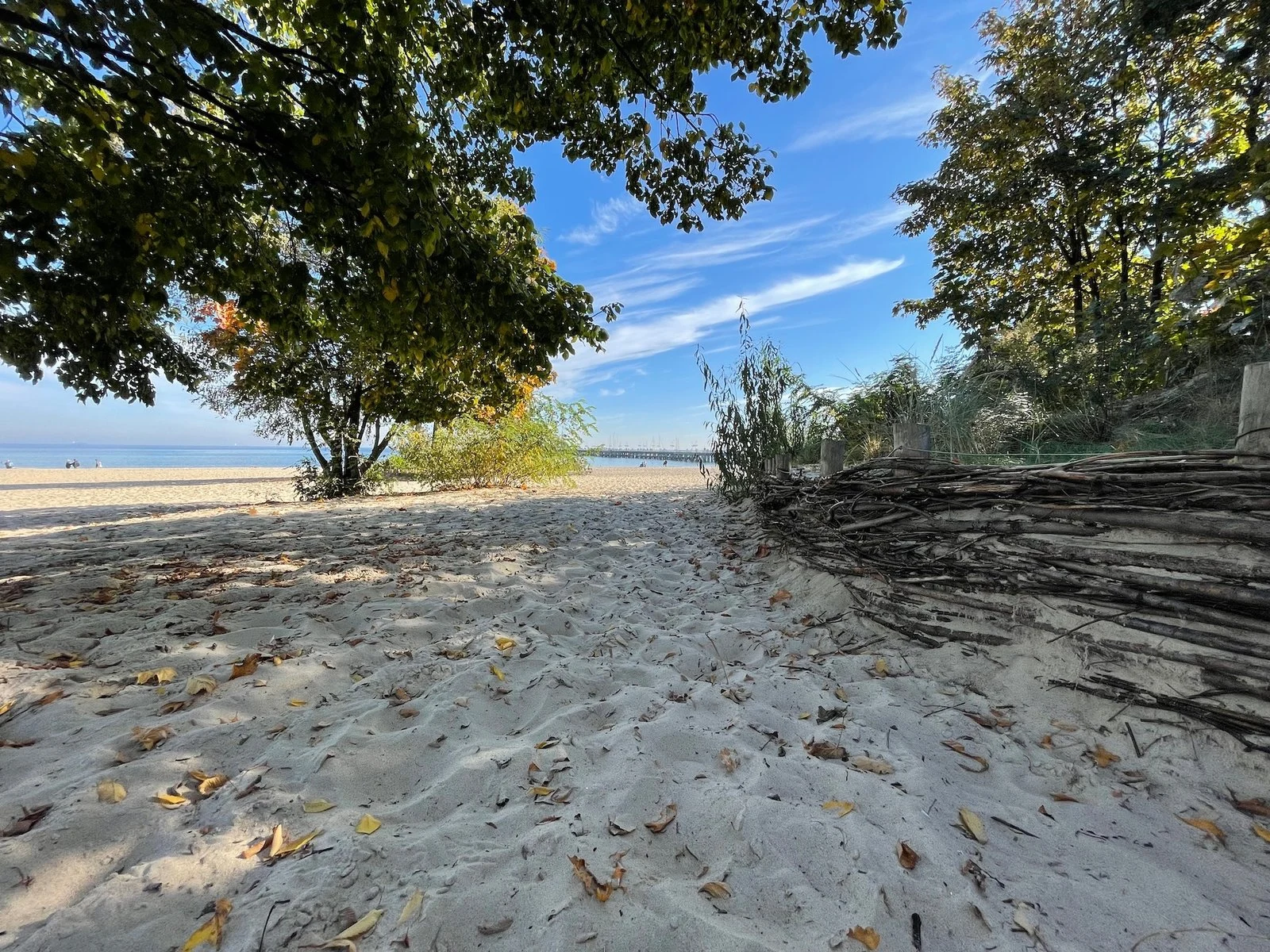 Piasek i morze przy zielonej sopockiej promenadzie.